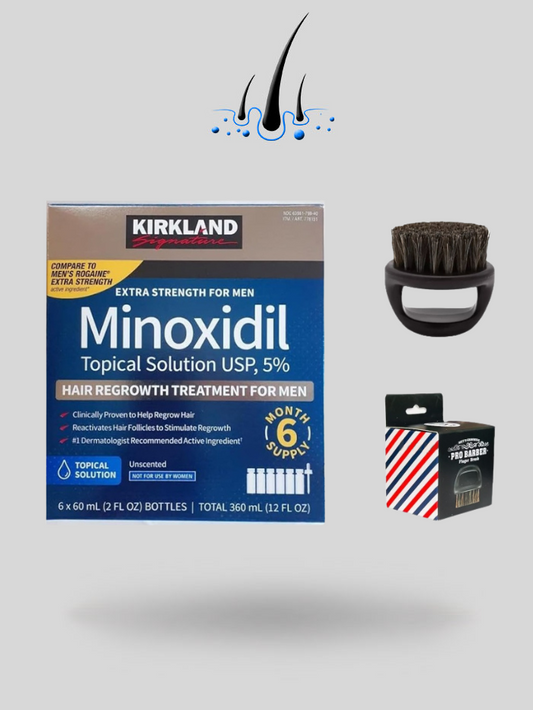 Minoxidil Kirkland 5% – Tratamiento de 6 Meses para el Crecimiento del Cabello + Cepillo para Barba